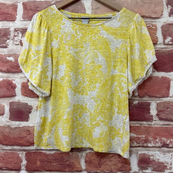 Chico's Tops - Chicos Top Shirt Womens Medium 1 Yellow White Boho Floral Fringe Petal Sleeves